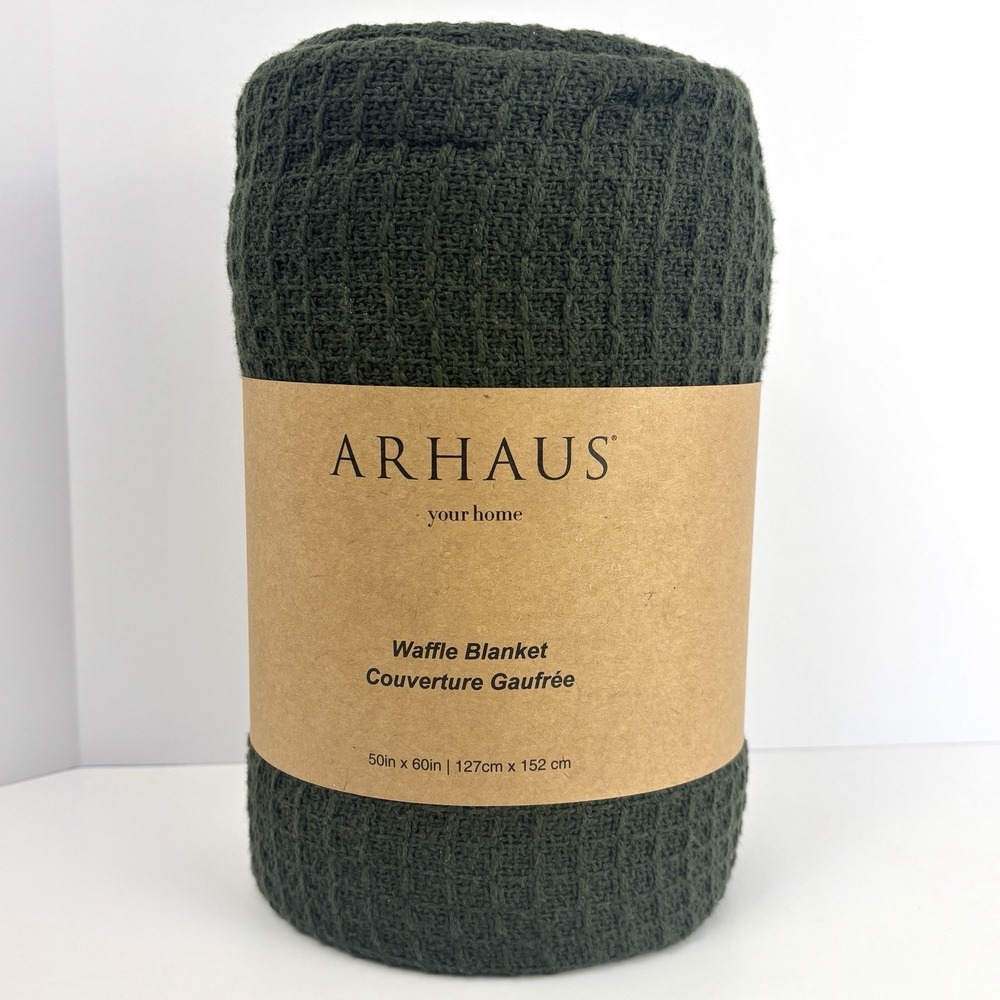 ARHAUS Waffle Knit Throw Blanket Dark Green 100% Cotton NEW 50 X 60